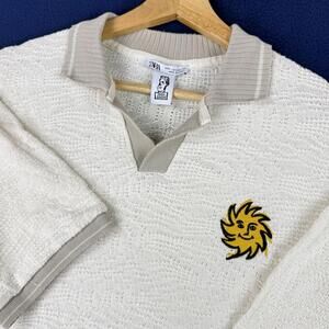 Zara X Indigo Studio Knit Polo Shirt Cream Textured Short Sleeve Sun Logo Men M